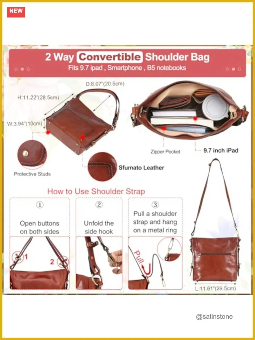 Full Grain Italian Leather Hobo Purse Convertible Crossbody Fits 9.7